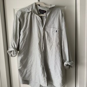 Vintage Ralph Lauren White Shirt with Thin Navy Stripes - Button-Down Casual